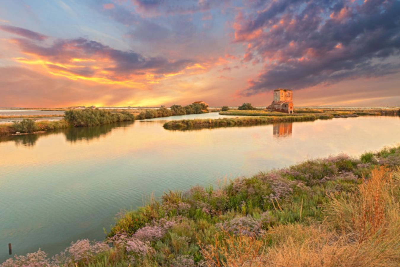 La zona palustre nella riserva naturale di Comacchio al tramonto